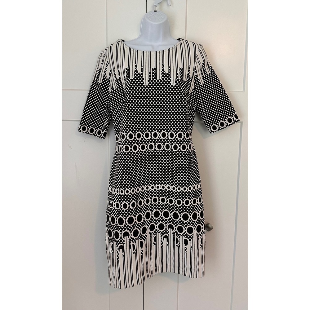 Julia Jordan Black White Geometric Mixed Print Sheath Dress Size 12 Elbow Sleeve